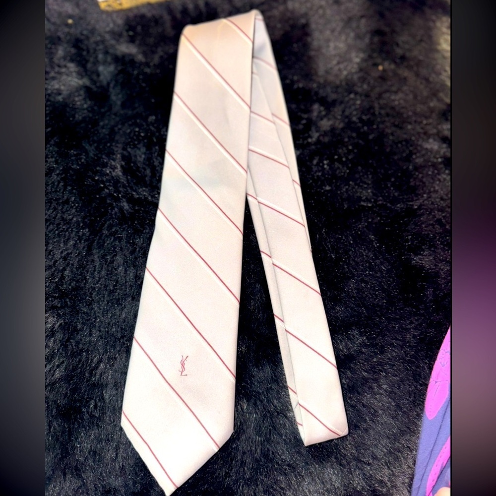 Vintage YSL silver/Red pinstripe tie Authentic 100%silk